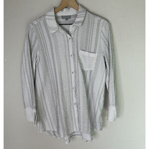Habitat Button Top Medium Embroidery Striped White Beach Boho Long Sleeve Blouse